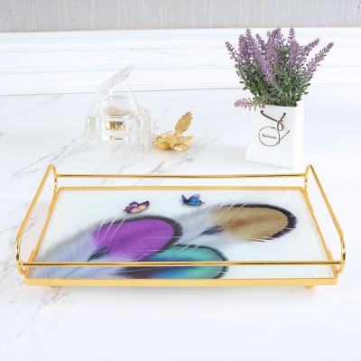 China Rectangle Rose Gold Glass Metal Serving Tray With Handles For Home Durable Handmade Decor and Hotel for sale