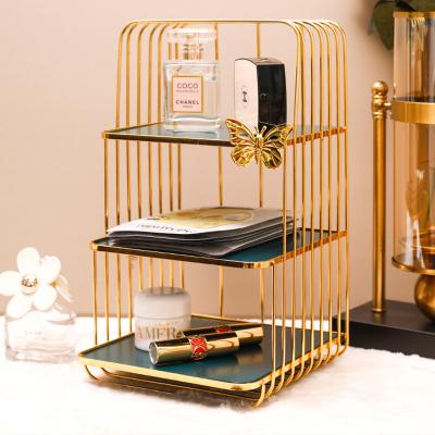 China Wholesale Viable 3 Tier Bathroom Wire Vanity Makeup Organizer Cosmetic Storage Shelf Glass Makeup Organizer for sale