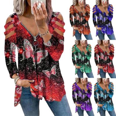 China Breathable Butterfly Printing Casual V-Neck Zipper Top Quality Long Sleeve Plus Size Women's T-Shirts for sale