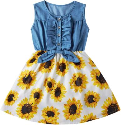 China Washable One Piece Outfit Denim Top Sunbathing Floral Print Sleeveless Tutu Skirts Little Girls Princess Dresses for sale