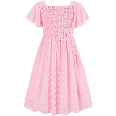 China Washable And Floating Poms To Ruffle Short Sleeve Kids Lace Up Square Neck Dresses 6-12T Girls Chiffon Dress With Solid Pom for sale