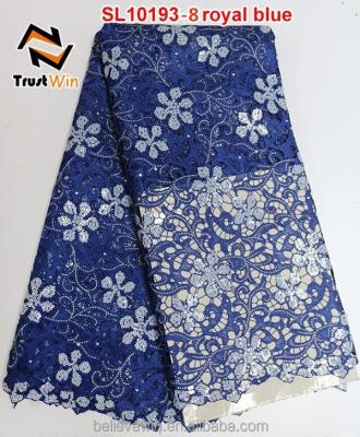 China Sustainable High Quality Flower Emborideried Blue Guipure Lace Cord Lace Fabric for sale