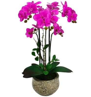 China Polyester 3d Plant Printed Artificial Orchid Plants in Concrete Pot Home Decorative Silk Orchid Artificial Phalaenopsis With Pot for sale