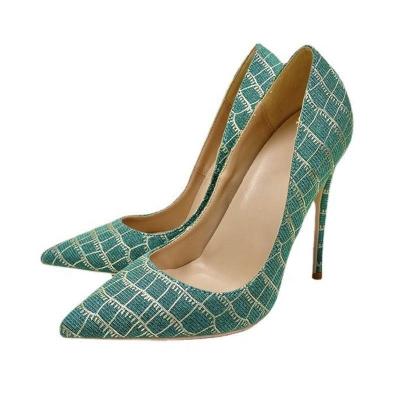 China Durable Green Sequin Women's Plaid High Heels 12 Cm Sexy Shoes With Narrow Toe Champagne Luxury Design For Parties for sale