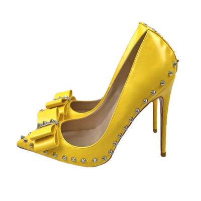 China Durable Yellow Women Bow Rivet Pointed Toe Stiletto High Heels Size 33-45 Punk Rivets Slip On Pumps Sexy Ladies Party Shoes for sale