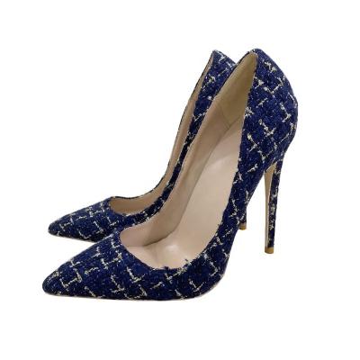 China Durable Navy Blue Fabric Female Pointed Toe Stiletto Pumps Ladies Wedding Ladies Shoes 8cm 10cm 12cm High Heels Size 33-45 for sale