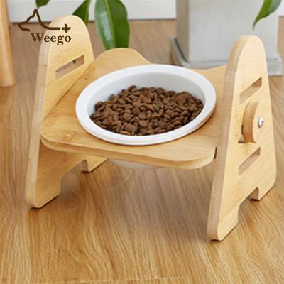 China Weego Viable Adjustable Bamboo Slant Mouth and Wooden Frame Ceramic Bowl Protect Cervical Thorn Cat Food Bowl for sale