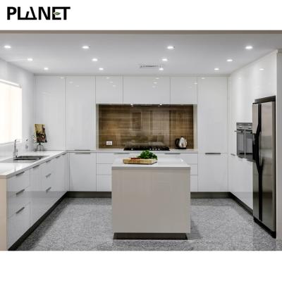 China Modern Aluminum Frame Door Panel Design Water Resistant Shaker Acrylic Glass White Kitchen Cupboard Set for sale