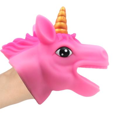 China Interactive Game Kids Hand Toy Big Realistic Soft Rubber PVC Cast Unicorn Hand Puppet for sale