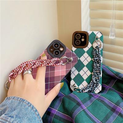 China Cute Cartoon Lattice Wristband Shockproof Phone Case For iPhone 13 12 11 Pro XS X XR Back Cover Max Wrist Chain Soft Silicone for sale