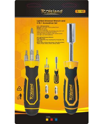 China Muliti-purpose LED lighted universal wrench and 5 in 1 screwdriver set for sale