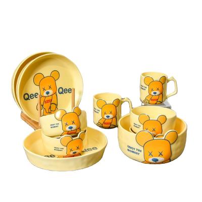 China Cute Irregular Ceramic Hand Drawn Violent Ceramic Tableware Set Cartoon Bear Cartoon Children Tableware for sale