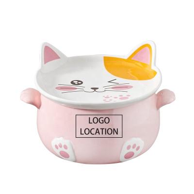 China Viable creative kitty ceramic bowl with cover student instant noodle bowl household soup bowl custom LOGO for sale