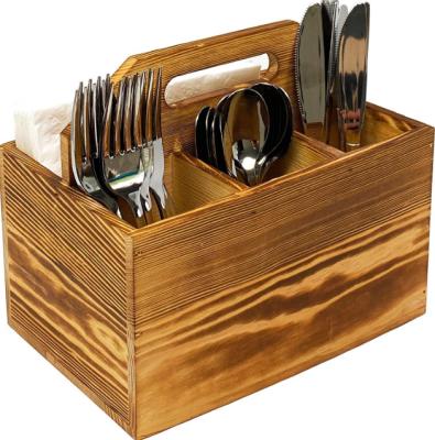 China Farmhouse Handmade Custom Solid Wood Napkin and Fork Spoon Holder with Handle Kitchen Napkin Holder and Condiment Holder for sale