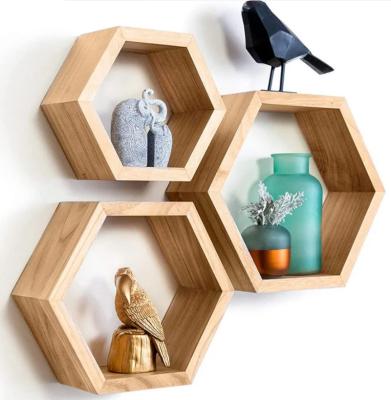 China Behind Doors/On Walls Wooden Wall Hanging Cube Hexagon Shelf Rustic Home Decor Floating Shelf For Living Room for sale