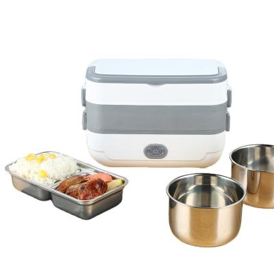 China Double Hot Electric Smart Plastic Food Grade Stainless Steel Food Thermos Rice Cooker Fashionable Heating New Three Layer Lunch Box for sale