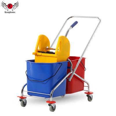 China 46L Sustainable Bottom Broom Plastic Wringer Double Bucket Cleaning Cart for sale