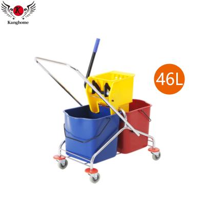 China Sustainable 46L Plastic Double Side Press Mop Bucket Wringer Trolley with High Quality for Wholesale for sale