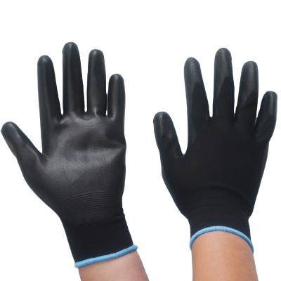 China Gaden Glove GLOVEMAN 13g Black Polyester Liner Coated Black PU Gloves for sale