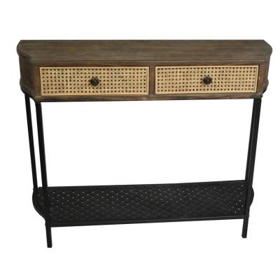 China Home Furniture Accept Customization Brown Color Rattan Iron Materials Wood Storage Console Table for sale