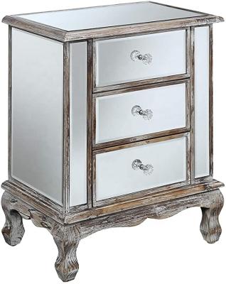 China Amazon Best Seller Luxury Classic Household Furniture Coast Vineyard 3 Drawer Weathered White Mirrored Wood Side Table for sale