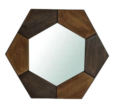 China Home Products Vintage Household Best-Selling Amazon Decoration Hexagonal Framed Decorative Wooden Wall Mirror for sale