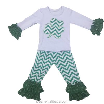 China Small Shamrock Boutique Outfit Green Polka Stripe Polka Dot Kids Boutique Girls Clothing Drop Ruffle Eco-Friendly Pants Set Wholesale for sale