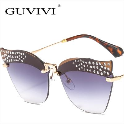 China Guvivi Cat Eye Cat Eye Sunglasses Diamond Glass Metal Frame Rimless Sunglasses for sale