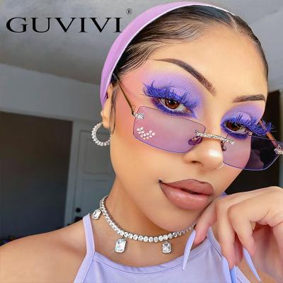 China Luxury Heart-shape Diamond Glasses 2021 New Design Sunglasses GUVIVI Fashion Rhinestone Small Rectangle Rimless Lens Sunglasses for sale