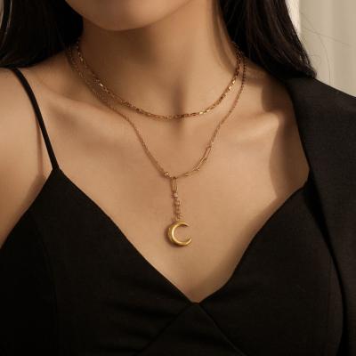 China FASHIONABLE High Quality Simple Stainless Steel Gold Plated Multi Layer Moon Crystal Inlaid Pendant Necklace Chain Necklace for sale