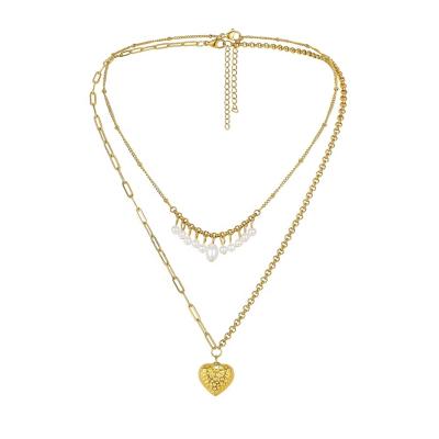 China Hiphop 18K Heart Bead Necklace Stainless Steel Gold Plated Necklace Link Chain Pendant Multilayer Necklace For Woman Jewelry for sale