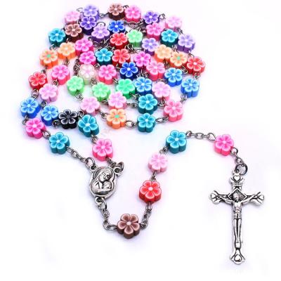 China Religious New Fashion Handmade Polymer Clay Round Rose Beads Catholic Cross Quality Flower Rosary Religious Pendants Necklace for sale