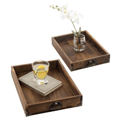 China Hot Selling Dark Brown Burned Multifunctional Wooden Breakfast Tray Stool Handmade Brown Tray Set of 2 Trusses for sale