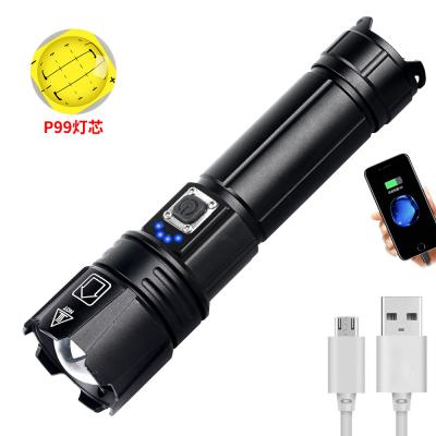 China Flashlight 26650 Adjustable Super Focus XHP99 LED Flashlight USB Rechargeable Tactical Light Using 18650 Zoom Flashlight for sale