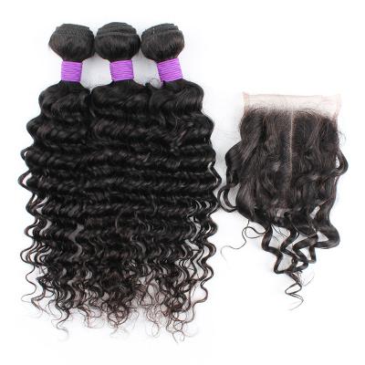 China Virgin Brazilian Raw Deep Wave Deep Wave Human Hair Mink Curly Hair Cuticle Aligned Human Hair Bundles With 4x4 Lace Closure Vendor for sale