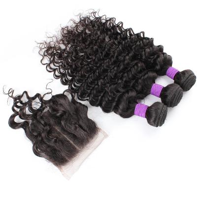 China Deep Wave Deep Wave Bundles With Frontal 3/4 Extension Brazilian Hair Bundles With Closure Lumiere Remy Hair for sale