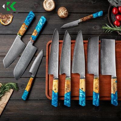 China Dropshipping 9pcs Resin Viable Octagonal Blue VG10 Damascus Handle Steel Japanese Kitchen Knife Set With Gift Box for sale