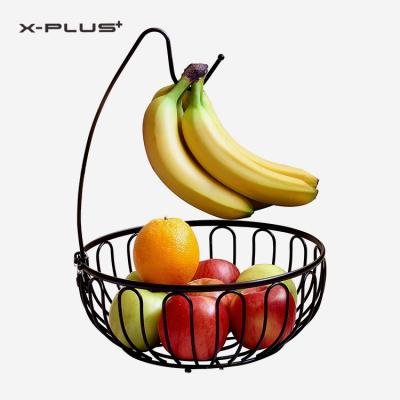 China Fancy Viable Antique Countertops Stainless Steel Kitchen Handmade Metal Wire Fruit Basket With Banana Hanger for sale