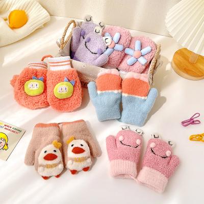 China Relieve Autumn Winter Baby Cute Cartoon Soft Flower Gloves Thicken Half-finger Cute Flip Five-finger Hot Children Girl Boy Finger Cribs for sale