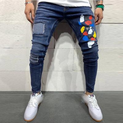 China QC-K049-1factory breathable wholesale hot sale mens patch stylish stain printing jeans with logo for sale