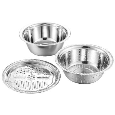 China Factory Stocked Multifunctional Stainless Steel Basin with Grater 3 in 1 Vegetable Cutter Wash Strainer Bowl Set for sale