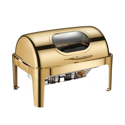 China Home Restaurant Hotel Factory Canteen Buffet Party Hot Selling 9L Stainless Steel Retangular Golden Chafing Dishes Shake Food Warmer Beetle for Catering for sale