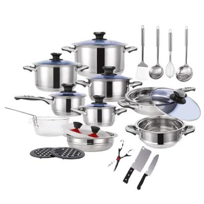 China Sustainable 30Pcs Stainless Steel Cooking Pan Kitchen Pots Cookware Set With Blue Glass Lid/Steel Lid for sale