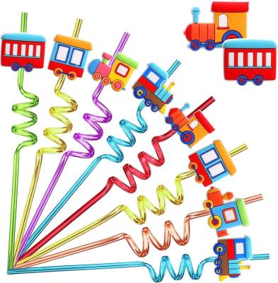 China 24PCS Reusable Plastic Party Train Drinking Straws Beverage Cocktail Straw With Cartoon Decoration For Kids Train Party Supplies for sale