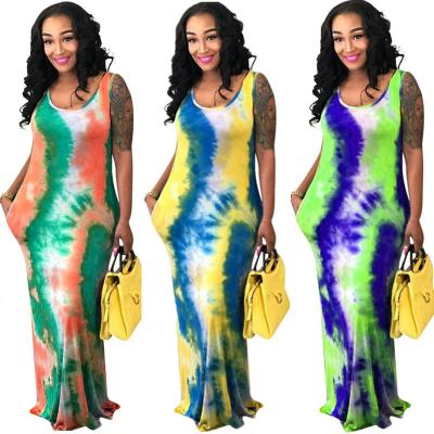 China Anti-Static New Products Tie Dye Print Bodycon Midi Maxi Tank Sleeveless Beach Tee Dress Fashion Long Plus Size Dresses for sale