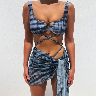 China Hot Selling Anti-UV Tie Dye Printed Cross Bandage Chiffon Yarn Bikini Set 3 Piece Bikini Set for sale