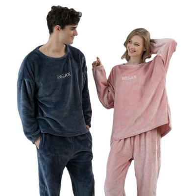 China New Arrival Breathable Letter Embroidered Extra Couples Sleepwear Flannel Hoodie Polyester Thickness Pajamas Set Wholesale for sale