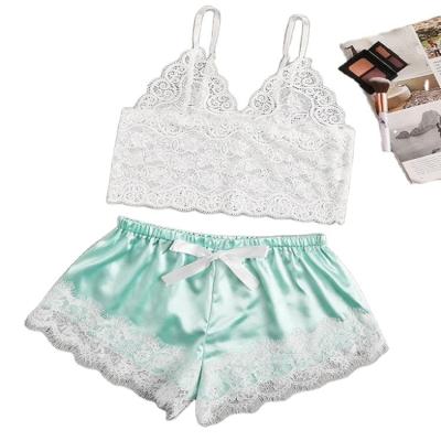 China Hot Sale Breathable 2 Pcs Sets Lace Up Short Silk Satin Sleepwear Pajamas For Women for sale