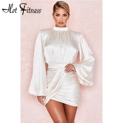 China HFD06-1 Anti-Static Women Flare Sleeve Draped Satin Mini Dress Solid Color Turtleneck Autumn Elegant Bodycon Club Party Long Dress for sale