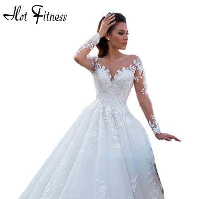 China New Design HFWD03-1 Beautiful Princess Ball Gown Wedding Anti-Static Dresses Lace Applique Long Sleeves White Plus Size Court Wedding Dress for sale